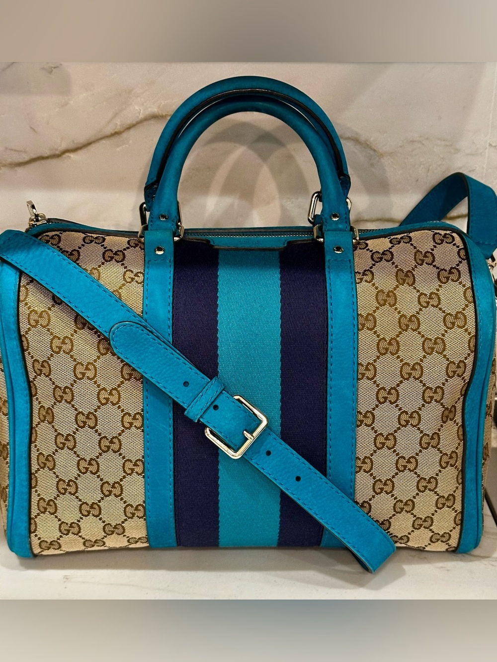 Gucci Turquoise and Navy GG Canvas Top Handle Satchel